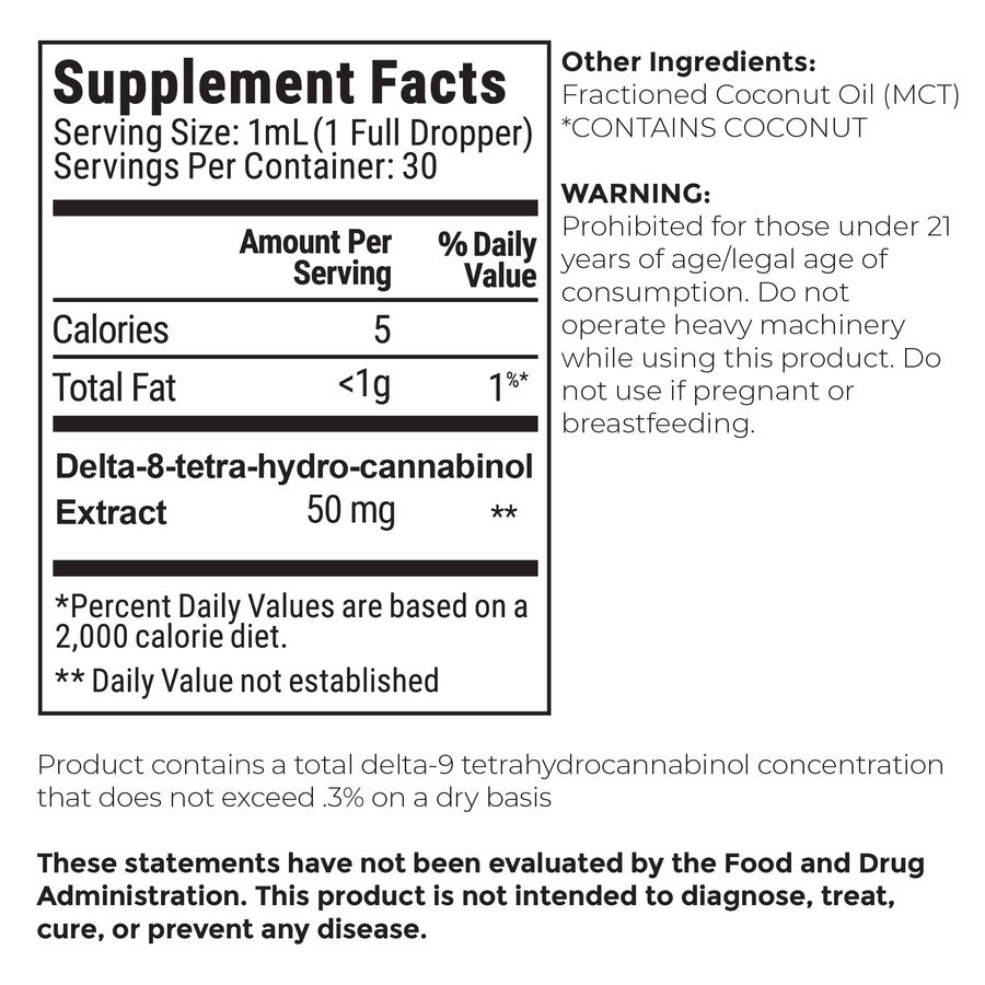 Nutrition facts and serving size information for Barney's Botanicals 1500mg Delta 8 THC Tincture - Bottle