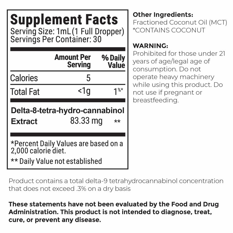 Nutrition facts and serving size information for Barney's Botanicals 2500mg Delta 8 THC Tincture - Bottle