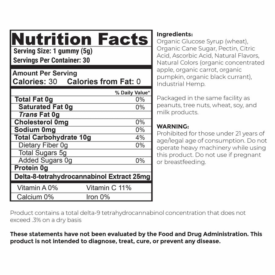 Nutrition facts and serving size information for Barney's Botanticals 25mg Delta 8 Gummies in Cherry Pie Flavor - 30 Count Bottle