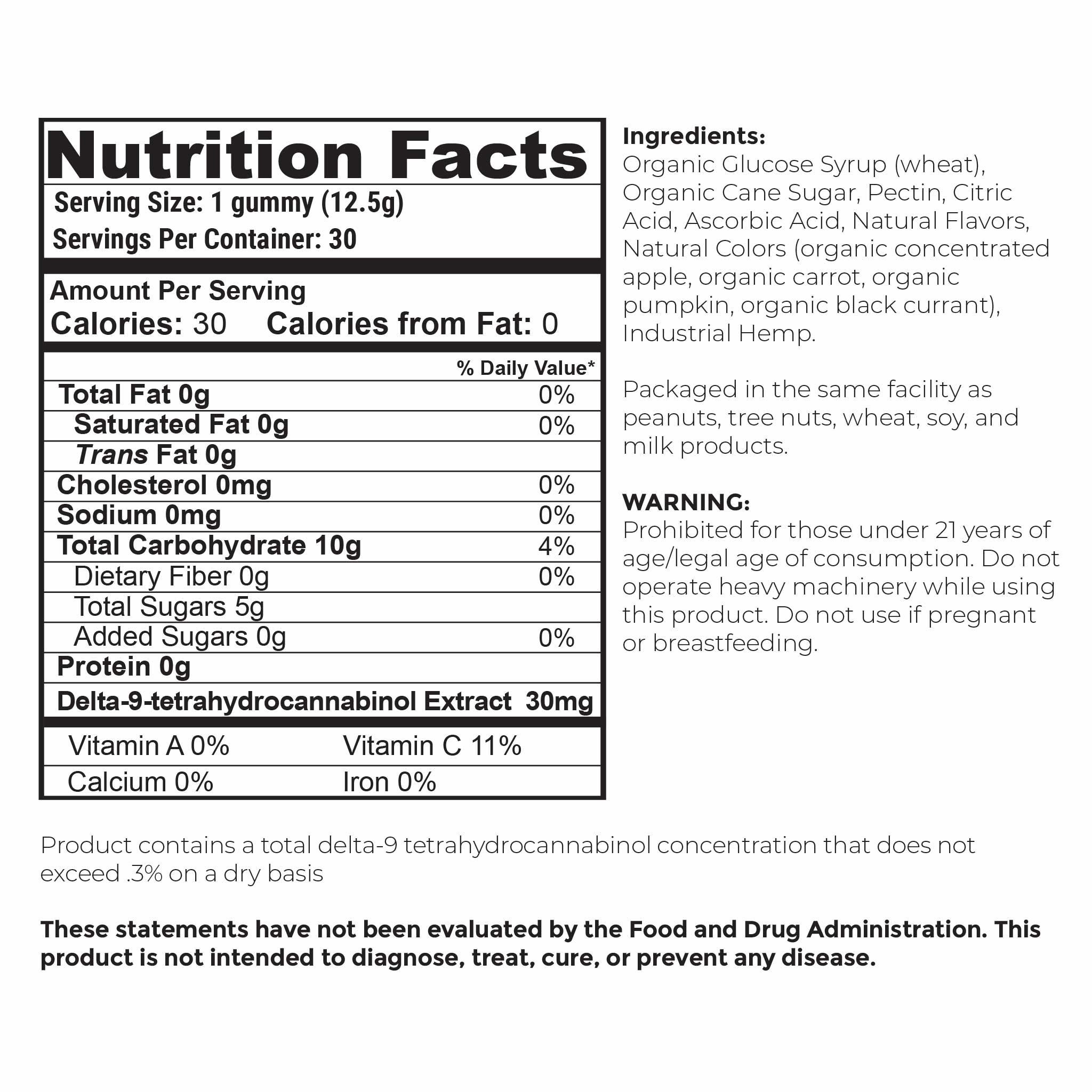 Nutrition facts and serving size information for Barney's Botanicals 30mg Delta 9 THC Gummies in Assorted Flavors 30 count Bottle
