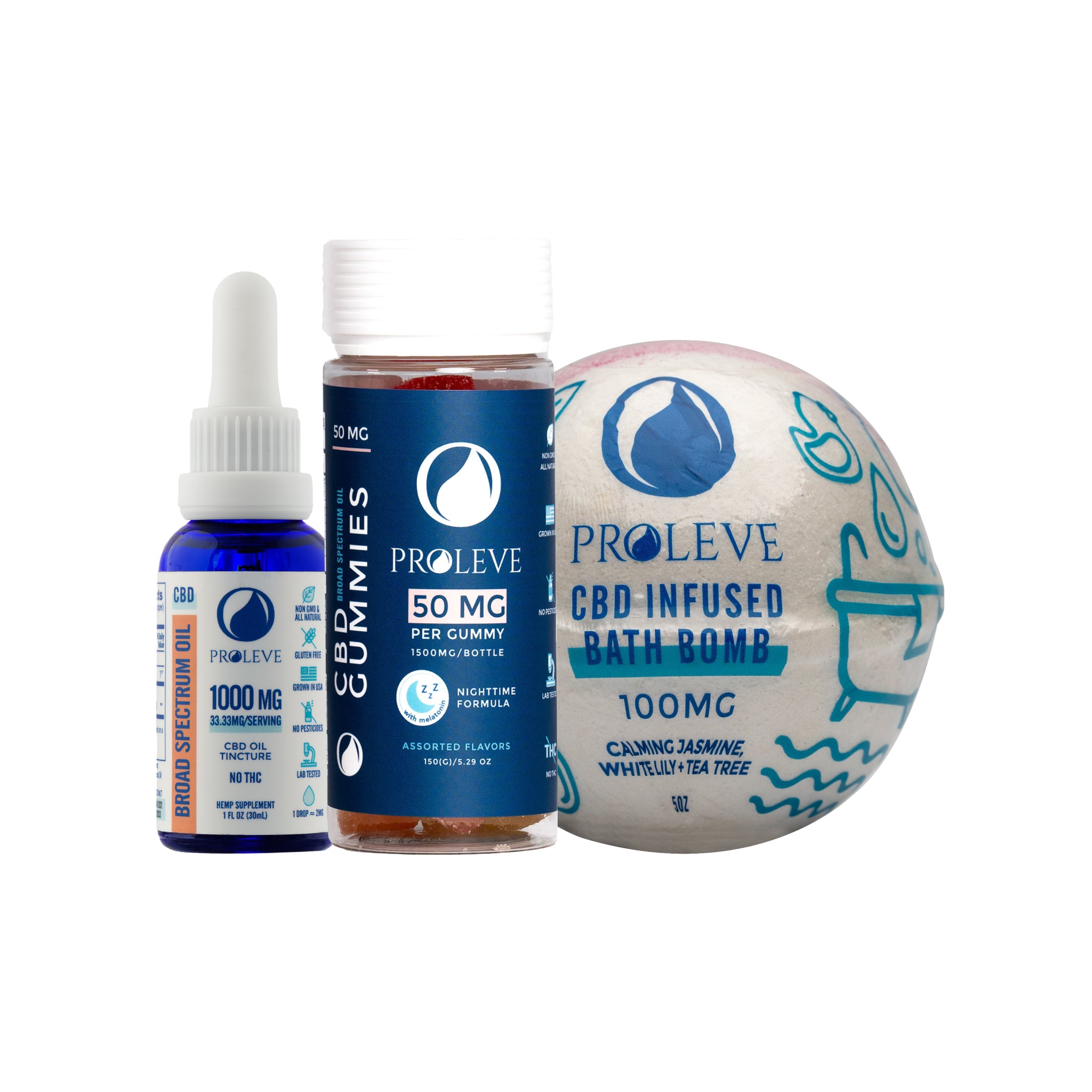 Proleve Dreamy CBD Sleep Bundle - includes broad spectrum tincture, 30 count bottle of PM sleep gummies, and a calming jasmine bath bomb