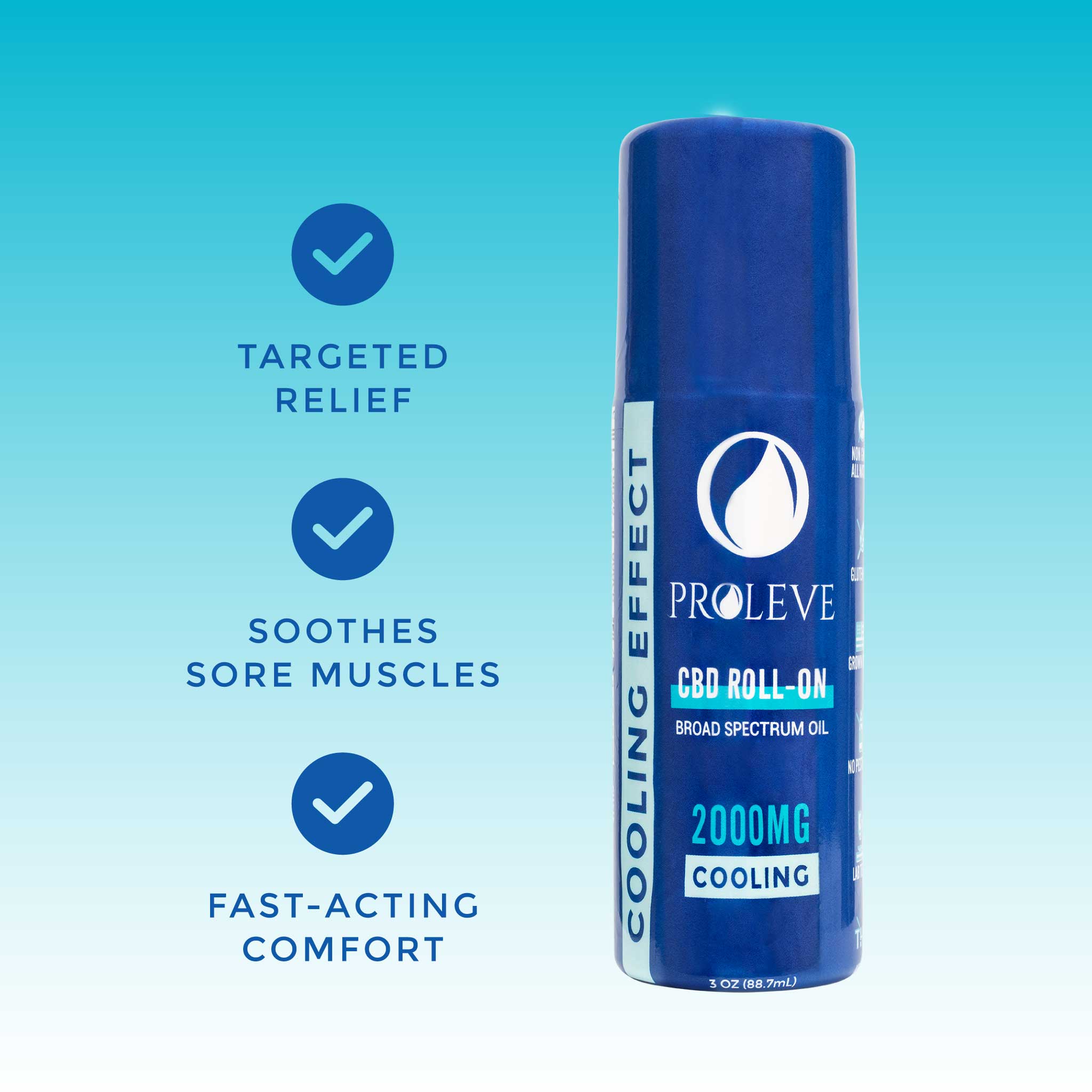 Infographic showing the benefits of Proleve's Cooling Roll On: targeted relief, soothes sore muscles, fast-acting comfort