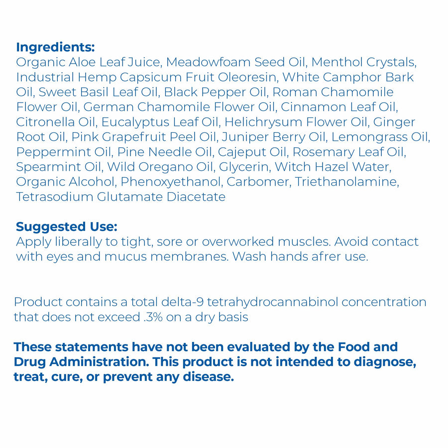 Ingredients list label closeup of Proleve 2000mg CBD Broad Spectrum Warming Roll-On Bottle