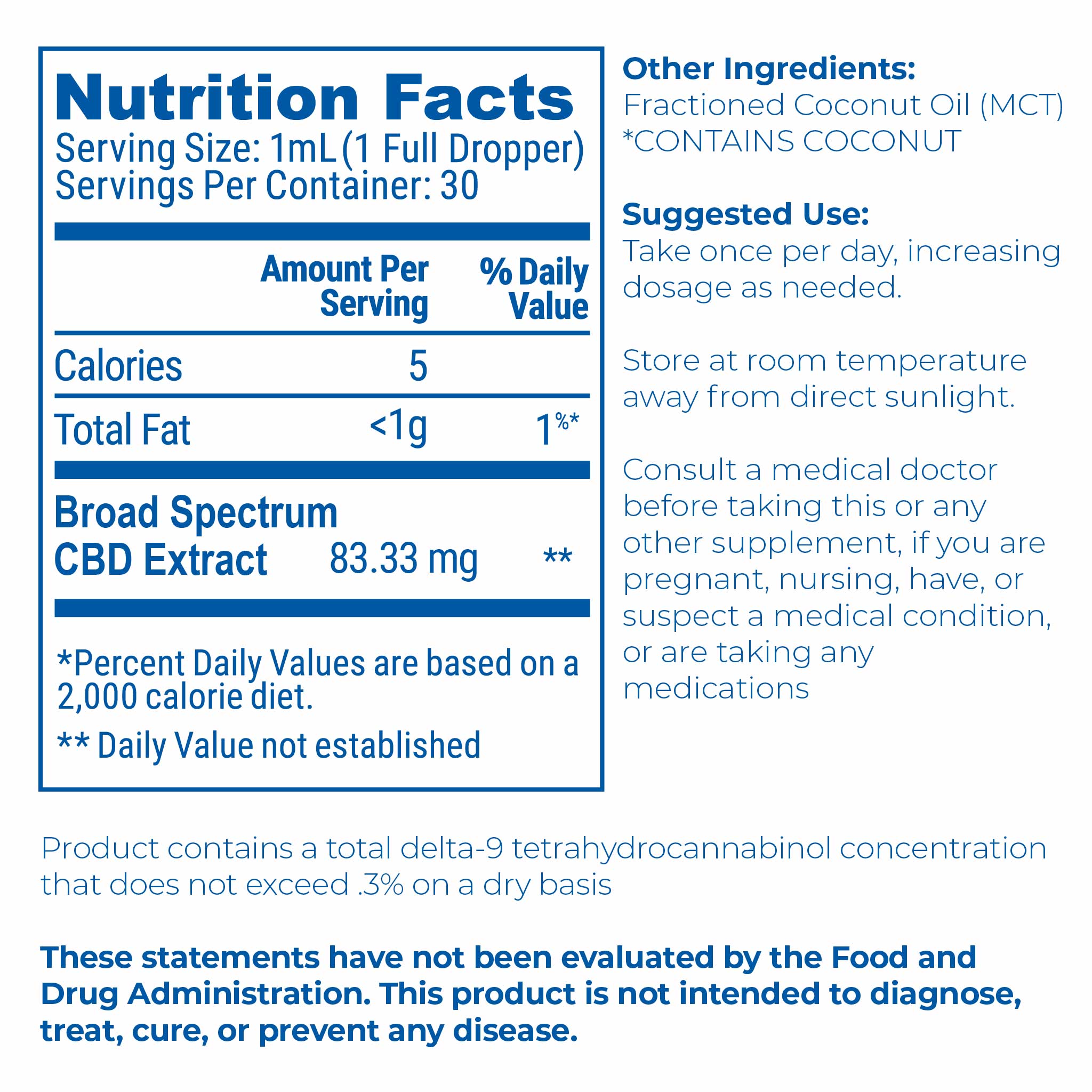 Nutrition facts and serving size information for Proleve 2500mg CBD Broad Spectrum Tincture Bottle