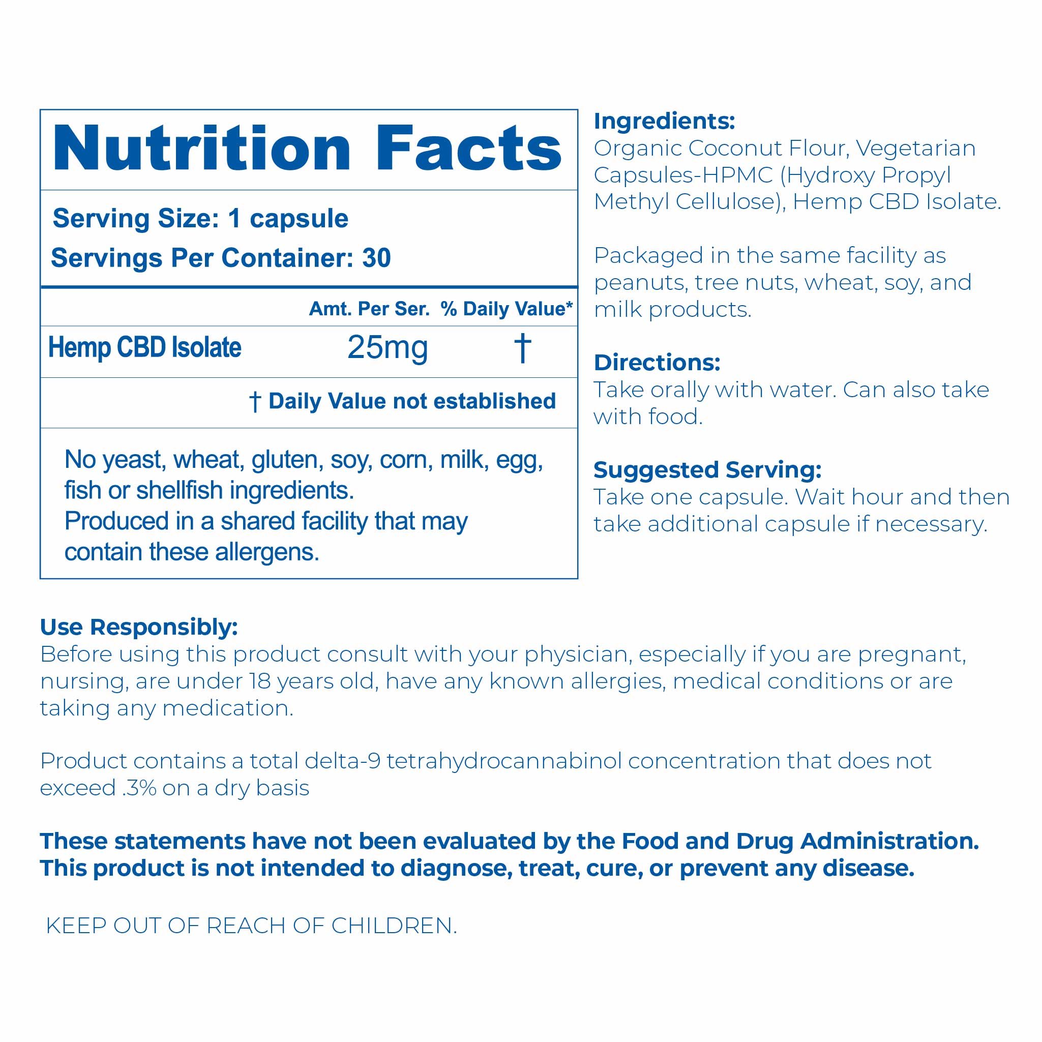 Nutrition facts and serving size information for Proleve 25mg CBD Isolate Capules 30 Count