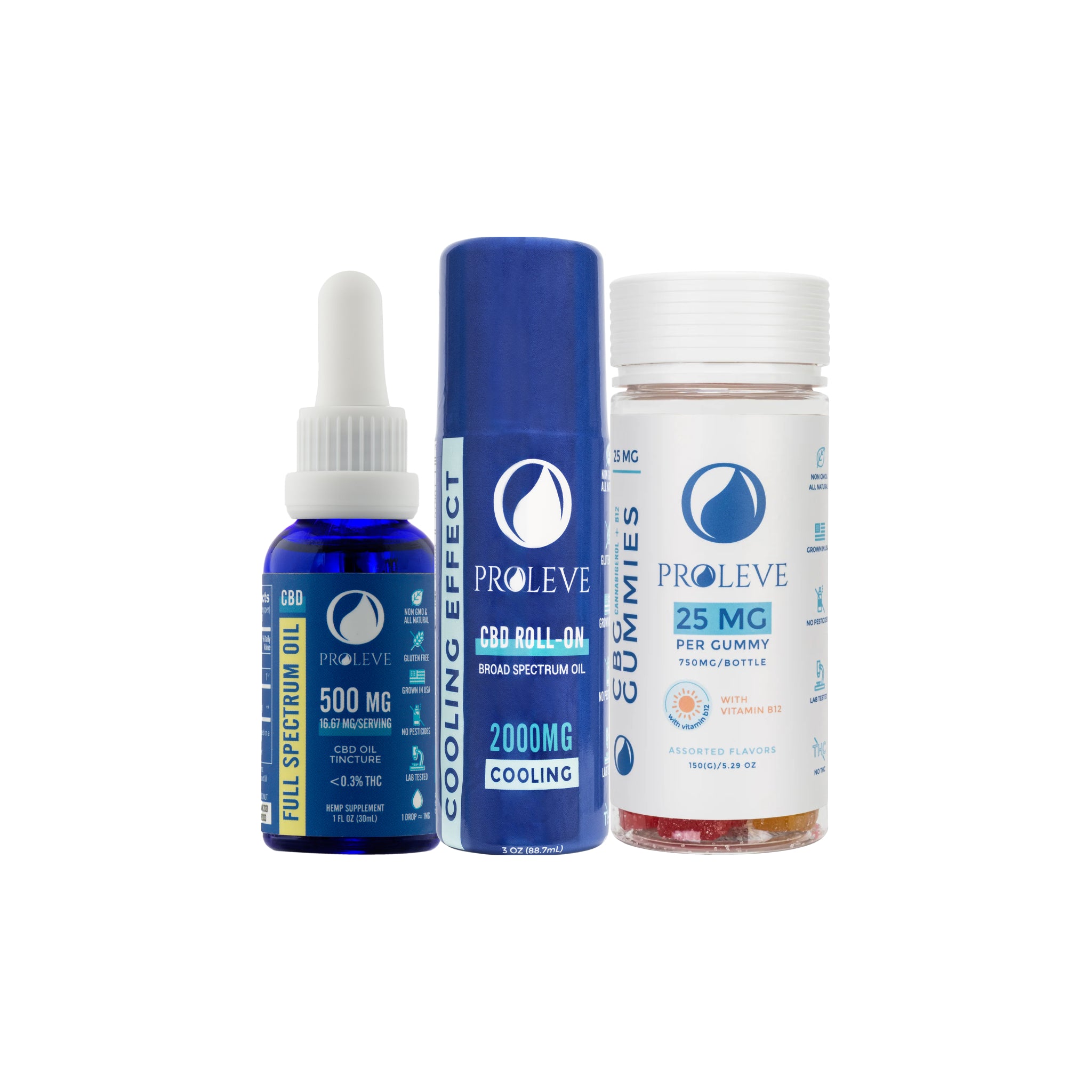 Proleve Vacation Starter Bundle contains CBD Cooling Roll-on, full spectrum tincture, and CBG gummies with vitamin B12