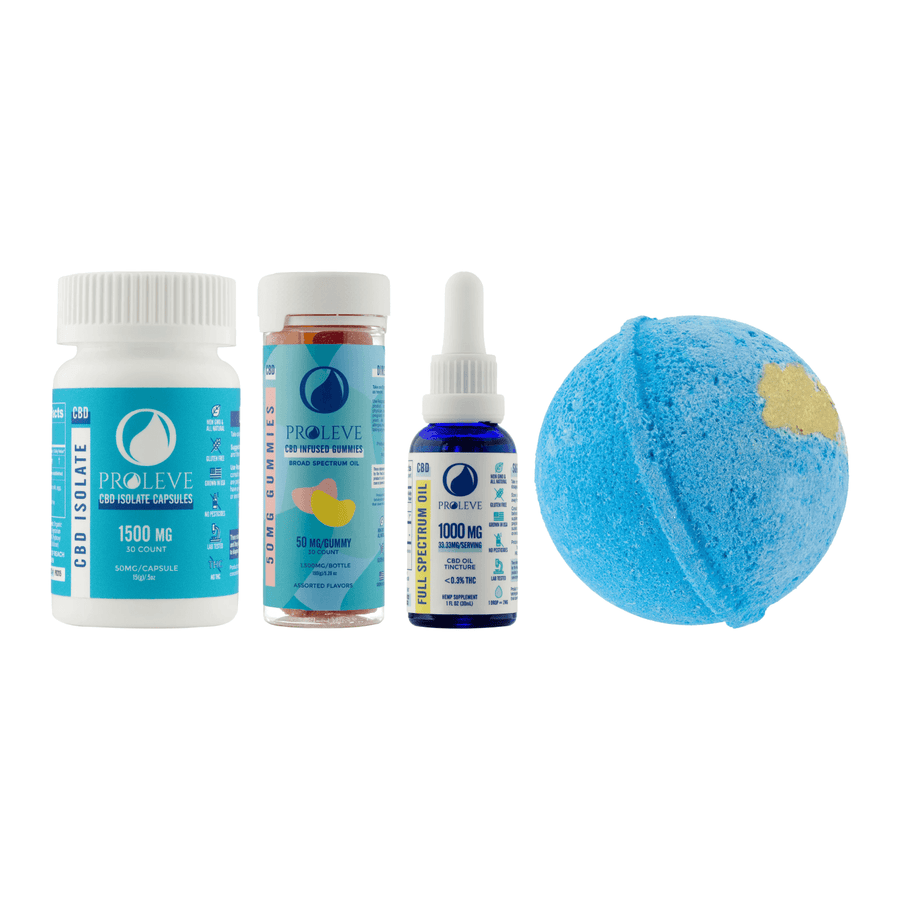 Proleve CBD Wellness Bundle includes 1500mg CBD Isolate Capsules, 50mg CBD Gummies, 1000mg CBD Full Spectrum Tincture, and 35mg CBD Bath Bomb